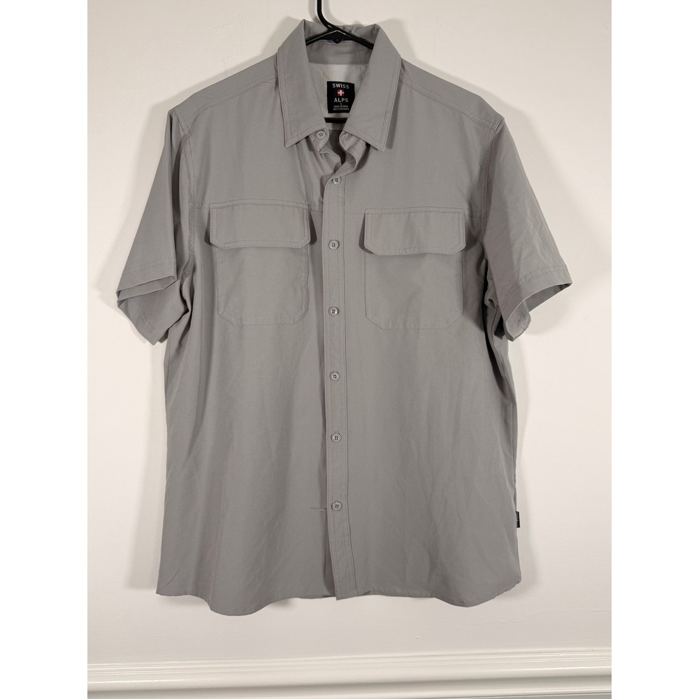 Swiss Alps Mens Large Grey Ripstop Short Sleeve Hiking Button Down Shirt L